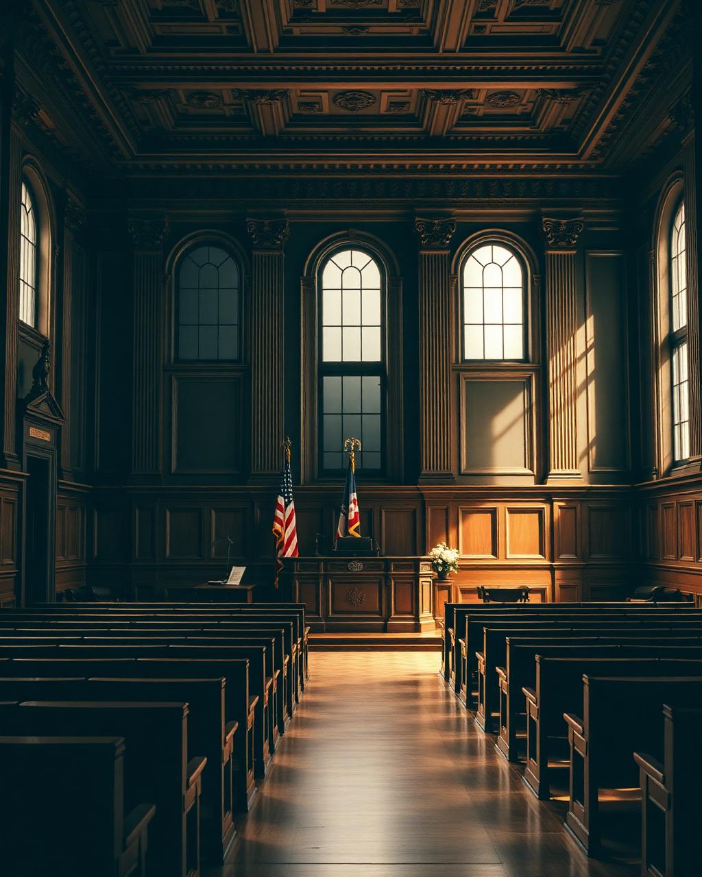 Grand courtroom interior with judge's bench and oak pews
