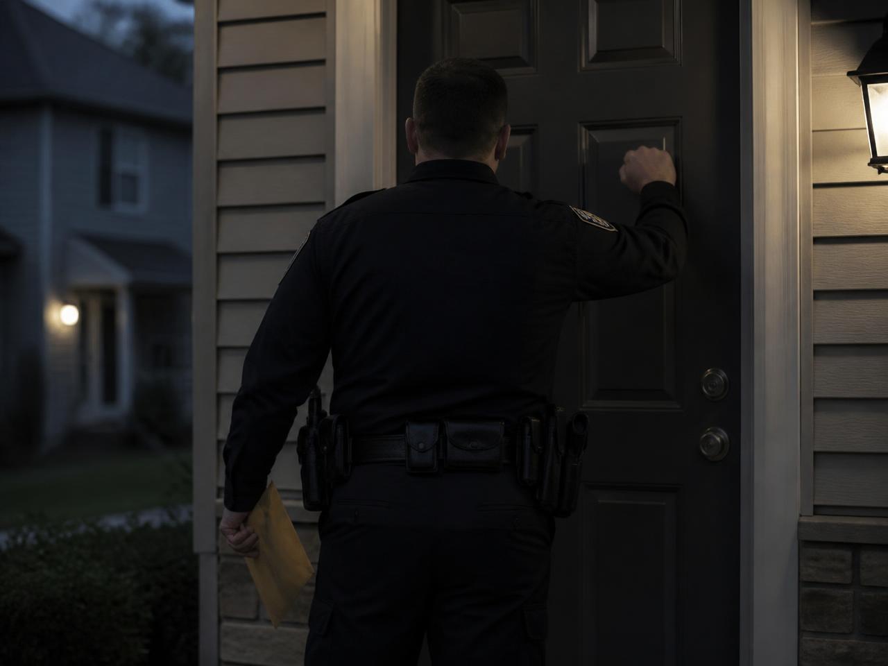 Process server knocking on a front door with legal documents in hand